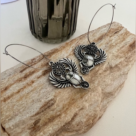 Ancient Egyptian Protection Earrings - Egyptian Wing Scarab Hoop Earrings - Picture 12 of 15